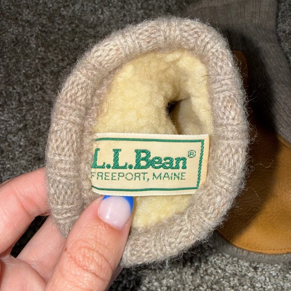 L.L. Bean Mittens Womens Large Taupe Excellent Deerskin Leather Cable Knit Wool